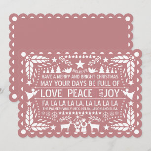 Dusty rose Love Peace Joy papel picado Christmas Holiday Card