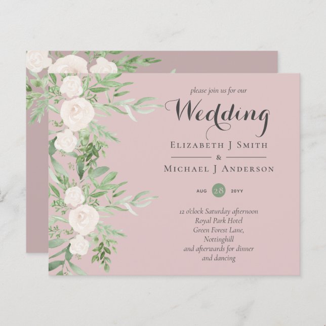 Dusty Rose Magnolia Sage Floral BUDGET WEDDING INV (Front/Back)