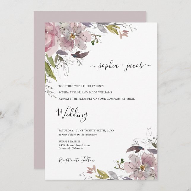 Dusty Rose Mauve Blush Pink Floral Wedding Invitation (Front/Back)