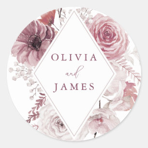 Dusty Rose & Mauve Boho Floral Frame Wedding Classic Round Sticker