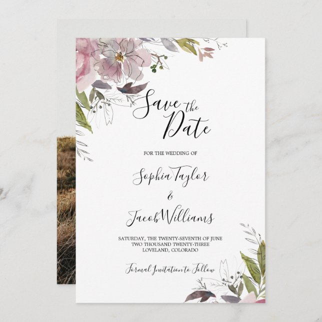Dusty Rose Mauve Floral Greenery Photo Wedding Save The Date (Front/Back)