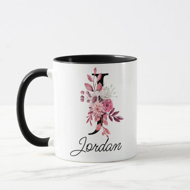 Dusty Rose Mauve Floral Letter J Monogram Initial Mug (Left)