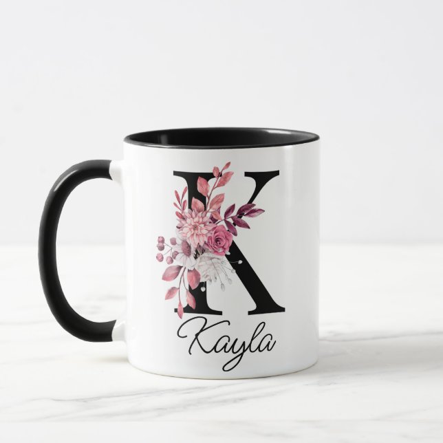 Dusty Rose Mauve Floral Letter K Monogram Initial Mug (Left)
