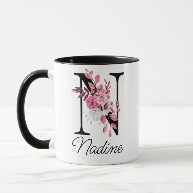 Dusty Rose Mauve Floral Letter N Monogram Initial Mug (Left)
