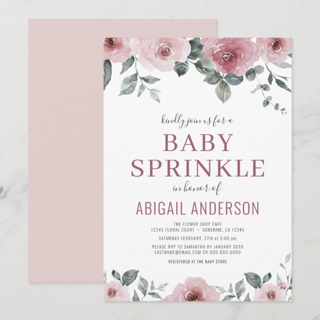 Dusty Rose Mauve Floral Watercolor Baby Shower Invitation (Front/Back)
