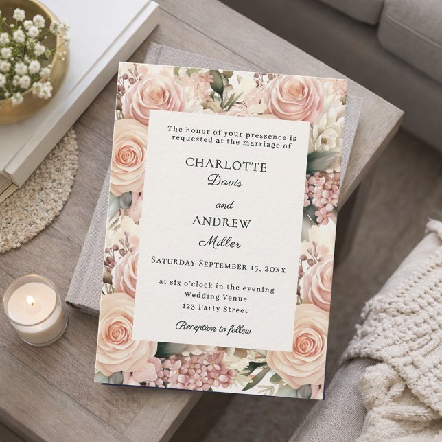 Dusty rose mauve ivory florals wedding invitation (Creator Uploaded)