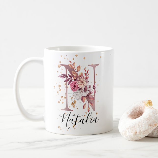 Dusty Rose Mauve Pink Floral Monogram Letter N Coffee Mug (With Donut)