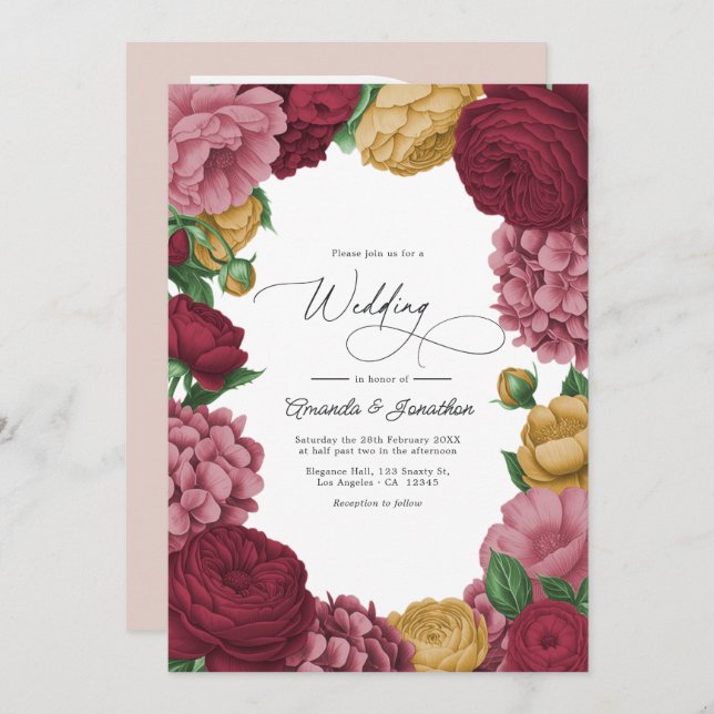 Dusty Rose, Merlot & Antique Gold Floral Wedding Invitation (Front/Back)