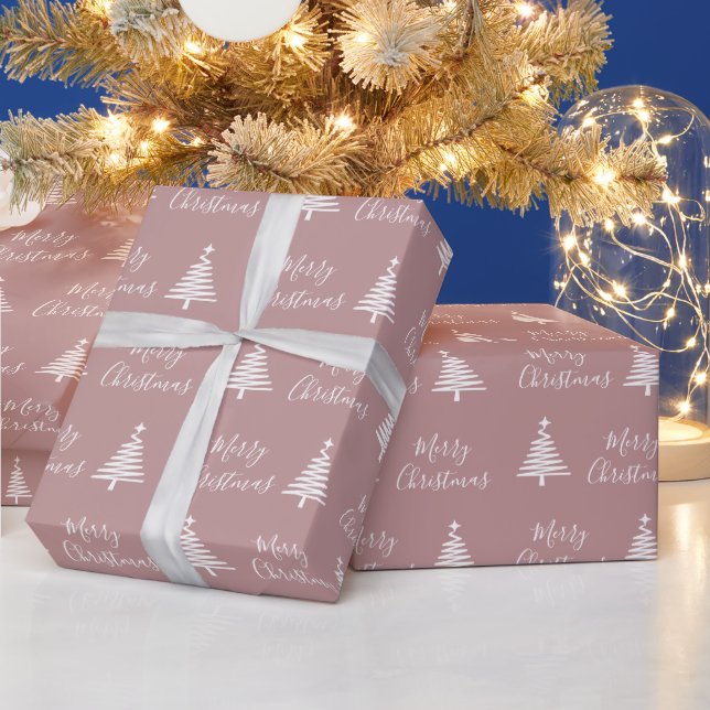  Dusty Rose Merry Christmas White Christmas Tree  Wrapping Paper (Holidays)