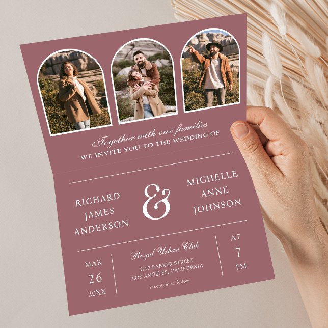 Dusty Rose Minimal Arch Photo QR code Wedding Invitation (Creator Uploaded)