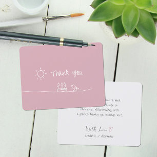 Dusty Rose Minimalist Flowers Bird Sun Drawing Thank You Card
