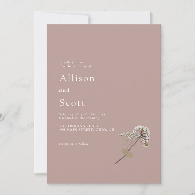 Dusty Rose Minimalist Hand Press Floral Wedding Invitation (Front)