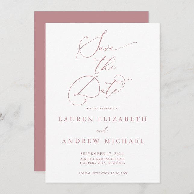 Dusty Rose Minimalist Save the Date Invitation (Front/Back)
