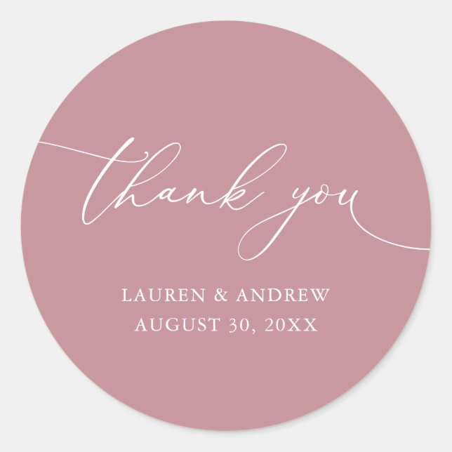 Dusty Rose Minimalist Wedding Thank You Classic Round Sticker (Front)