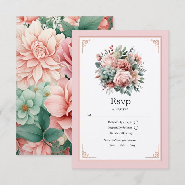 Dusty Rose, Mint Green, and Blush Floral Wedding RSVP Card (Front/Back)