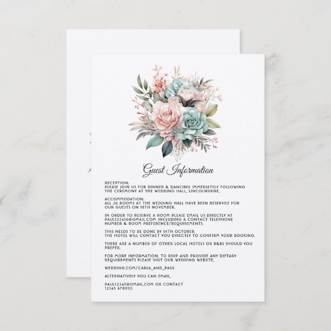 Dusty Rose, Mint Green, and Blush Guest Details Enclosure Card (Front/Back)