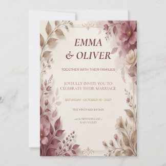 Dusty Rose & Mocha Floral Wedding Invitation