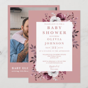Dusty Rose Modern Floral Photo QR Code Baby Shower Invitation