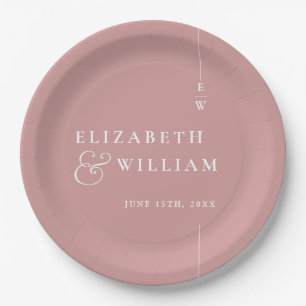 Dusty Rose Modern Minimalist Monogram Wedding Paper Plate
