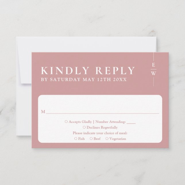Dusty Rose Modern Minimalist Monogram Wedding RSVP Card (Front)