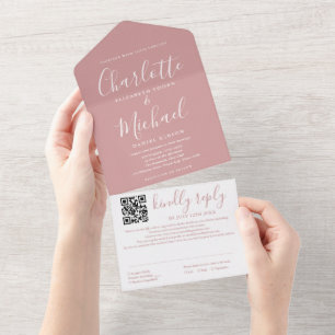 Dusty Rose Modern Script QR Code Wedding All In One Invitation