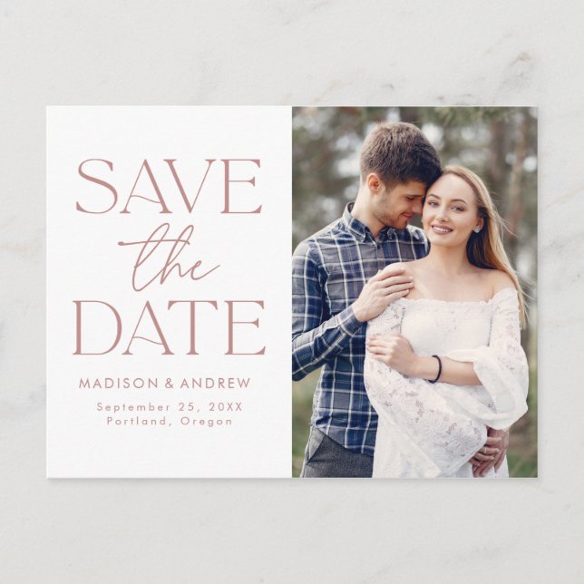 Dusty Rose | Modern Typography Photo Save the Date Announcement Postcard (Front)