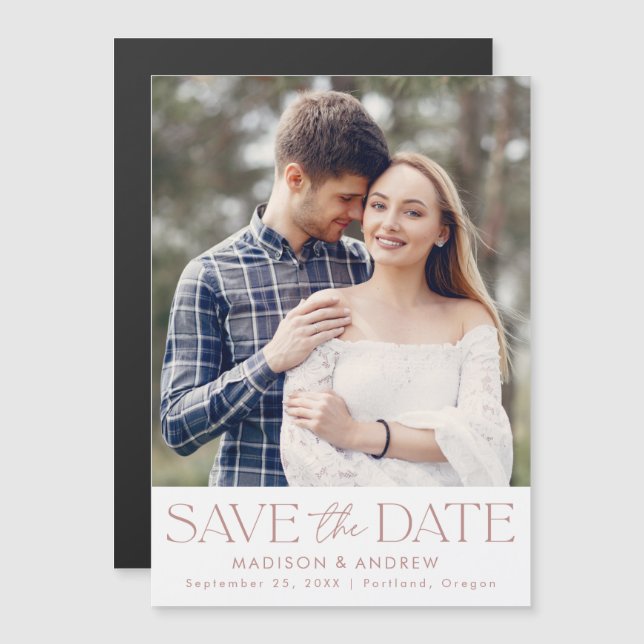 Dusty Rose | Modern Typography Photo Save the Date Magnetic Invitation (Front/Back)