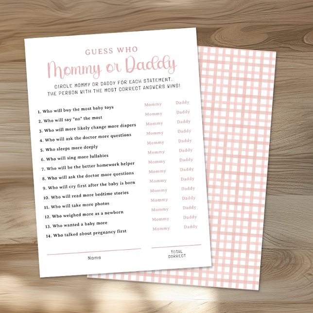 Dusty Rose Mommy or Daddy Baby Shower Game Card (Mommy & Daddy Game Card)