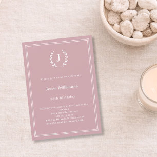 Dusty rose monogrammed wreath minimalist birthday invitation
