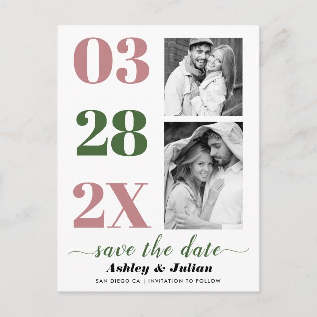Dusty rose, moss green two photo Save the Date Postcard (Front)