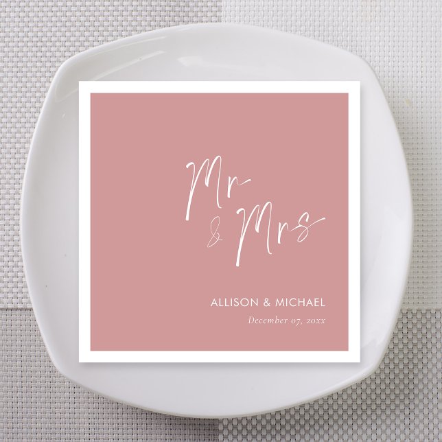 Dusty Rose Mr & Mrs Wedding Custom Names Napkin (dusty rose mr & mrs wedding custome names napkins on white plate)