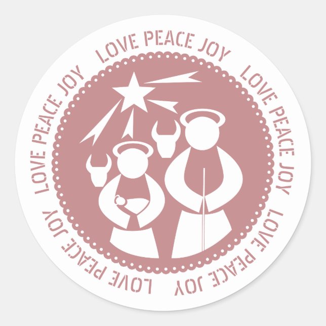 Dusty rose Nativity Scene Love Peace Joy Christmas Classic Round Sticker (Front)