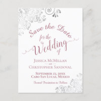 Dusty Rose on White Lacy Wedding Save the Date