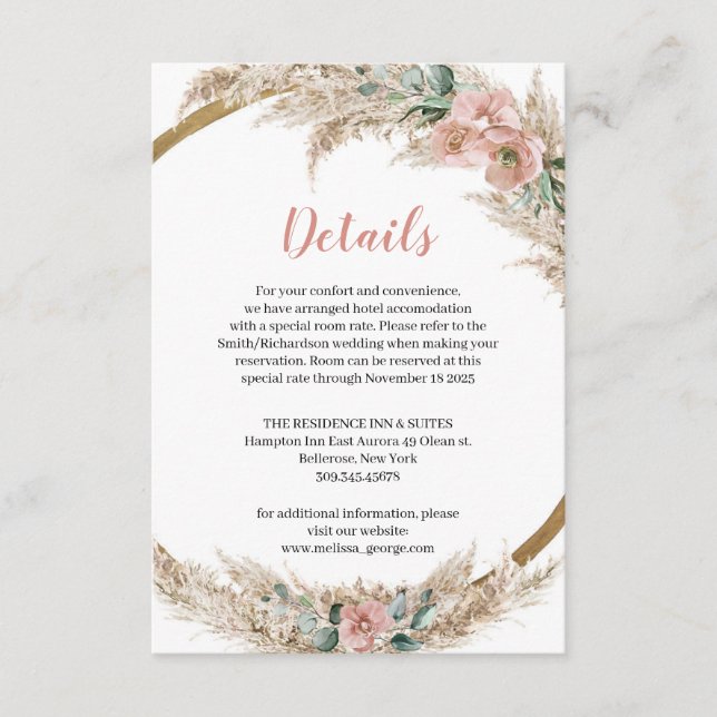 Dusty Rose Orchid Pampas Grass Eucalyptus Details Enclosure Card (Front)