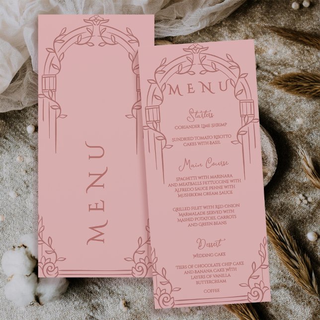 Dusty Rose Ornate Arch Botanical Wedding Dinner Menu (Dusty Rose Ornate Arch Botanical Wedding Menu Card)