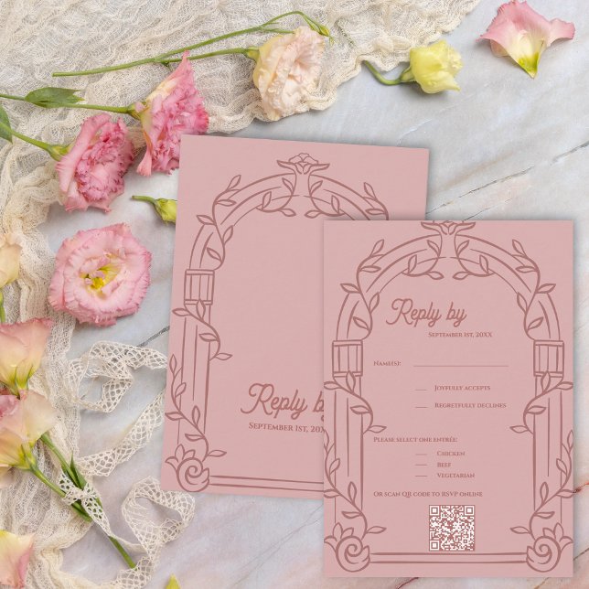 Dusty Rose Ornate Arch Botanical Wedding Reply By RSVP Card (Dusty Rose Ornate Arch Botanical Wedding RSVP Card with QR Code | Romantic Wedding Reply Card)