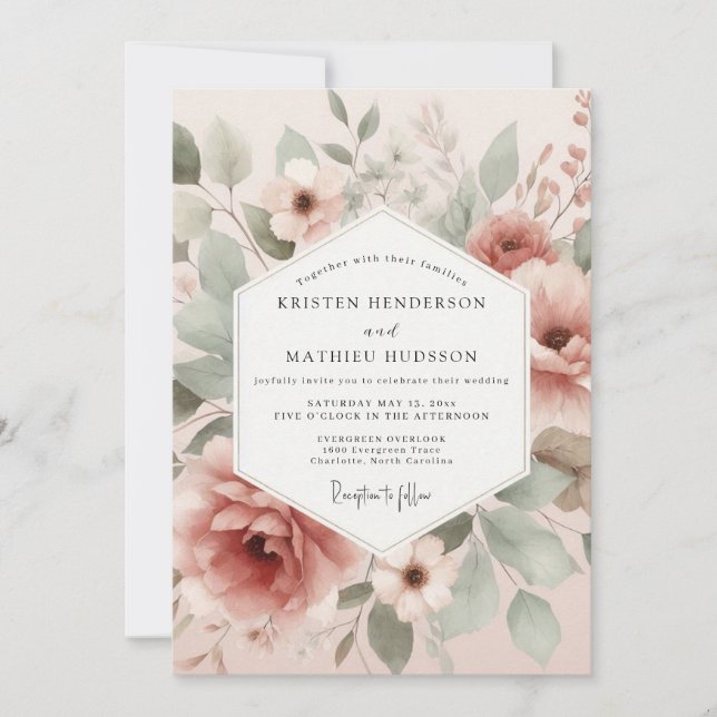 Dusty Rose Painterly Flora Wedding Invitation (Front)