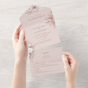 Dusty Rose Pampas Grass All in One Wedding Invite