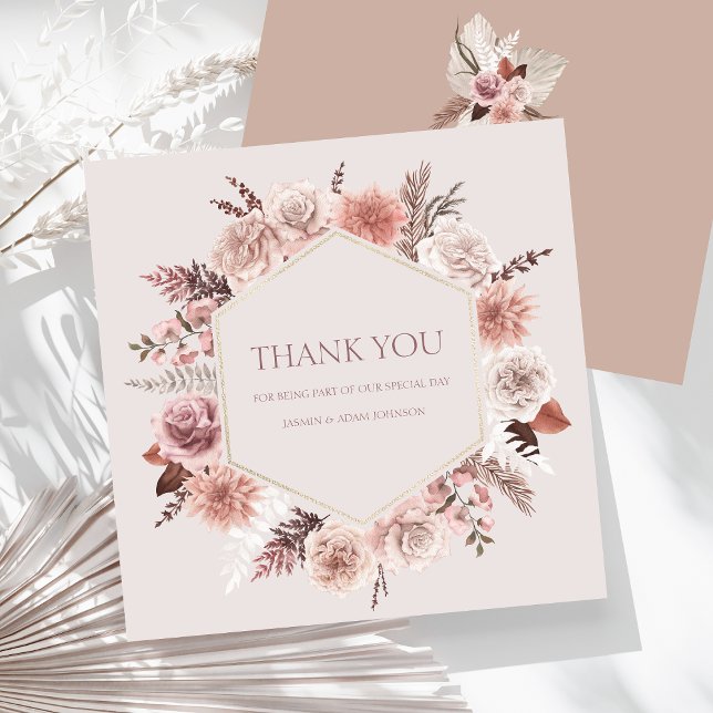 Dusty Rose Pampas Grass Flat Wedding Thank You (Boho Dusty Pink Dried Flowers Wreath Wedding Thank You Card)