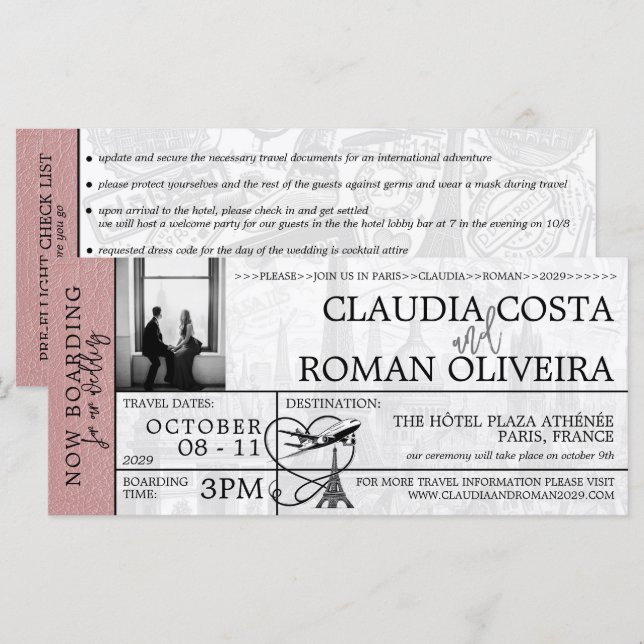 Dusty Rose Paris Wedding Boarding Pass Invitation (Front/Back)