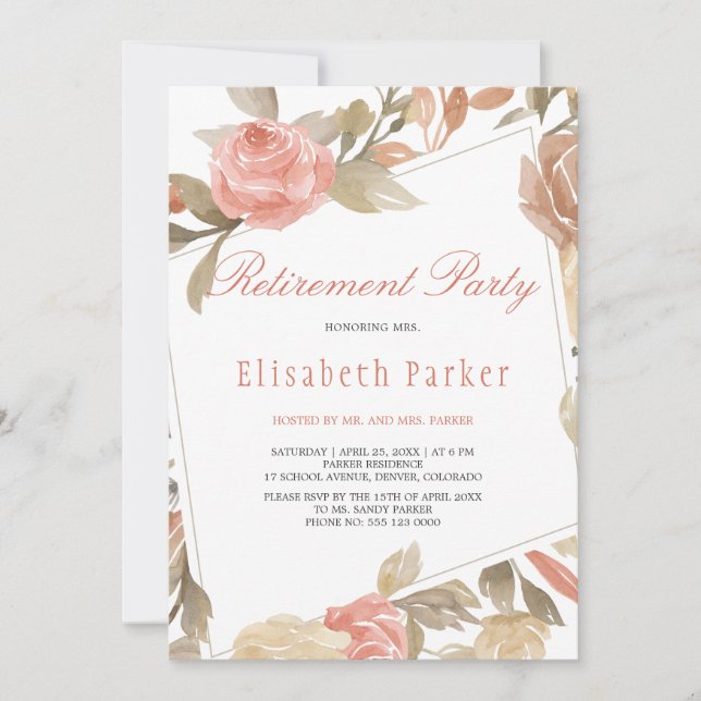 Dusty Rose Peach Cream Floral Retirement Party Invitation (Front)
