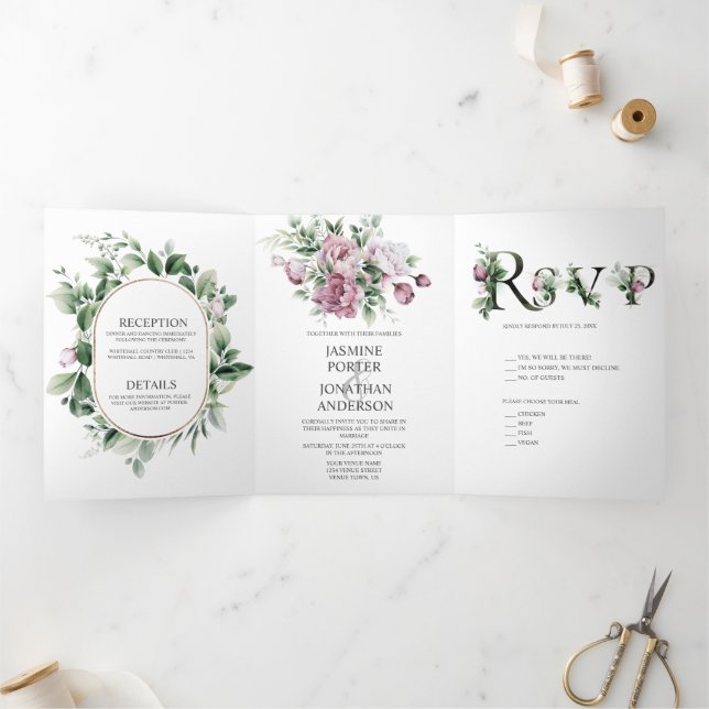 Dusty Rose Peonies Greenery Wedding |  Tri-Fold Invitation (Inside)