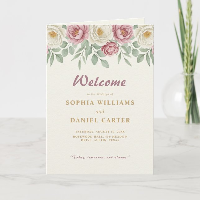 Dusty Rose Peony Floral Folded Wedding Program Programme (Front)