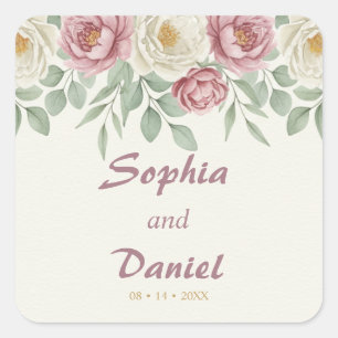 Dusty Rose Peony Floral Wedding Square Sticker
