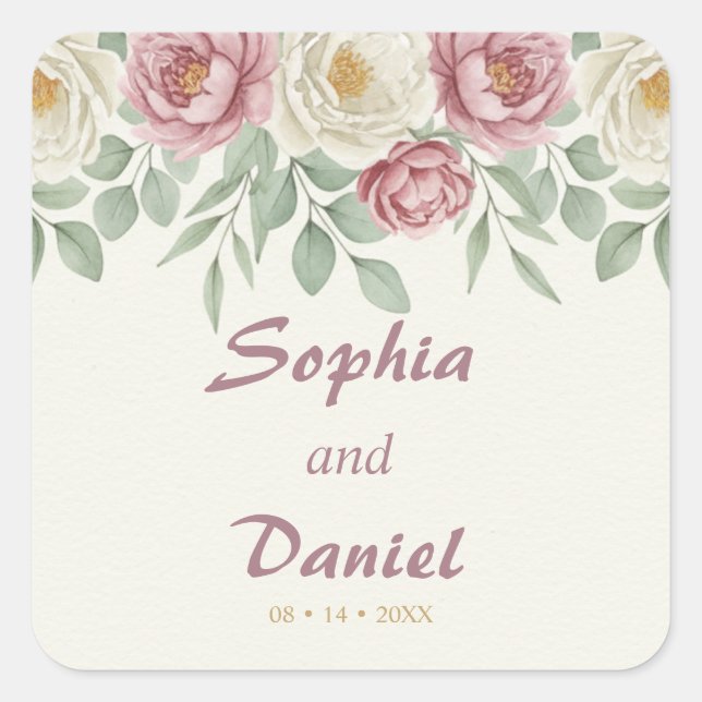 Dusty Rose Peony Floral Wedding Square Sticker (Front)