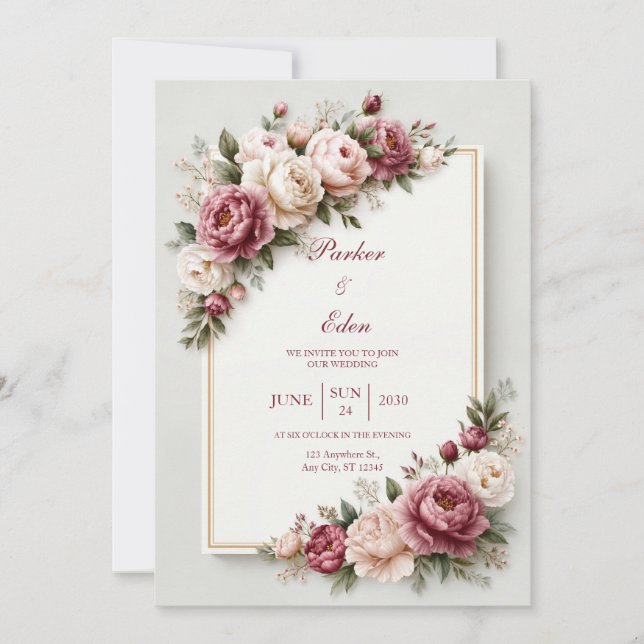 Dusty Rose Peony Gold Floral Frame Wedding Invitation (Front)