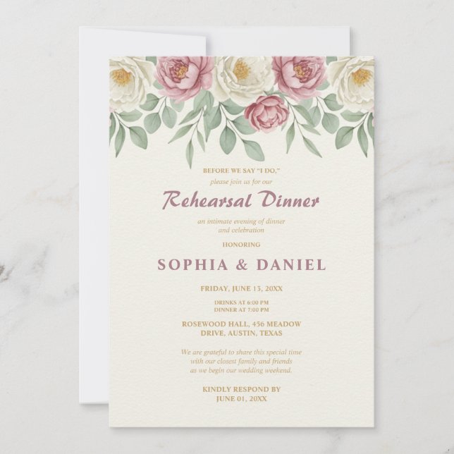 Dusty Rose Peony Rehearsal Dinner Invitation Card (Front)