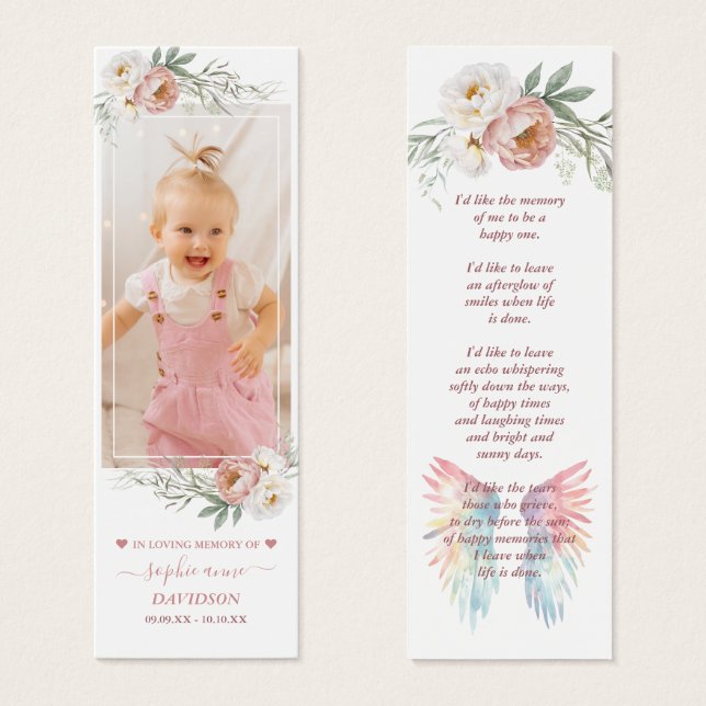 Dusty Rose Photo Funeral Memorial Bookmark (Front & Back)