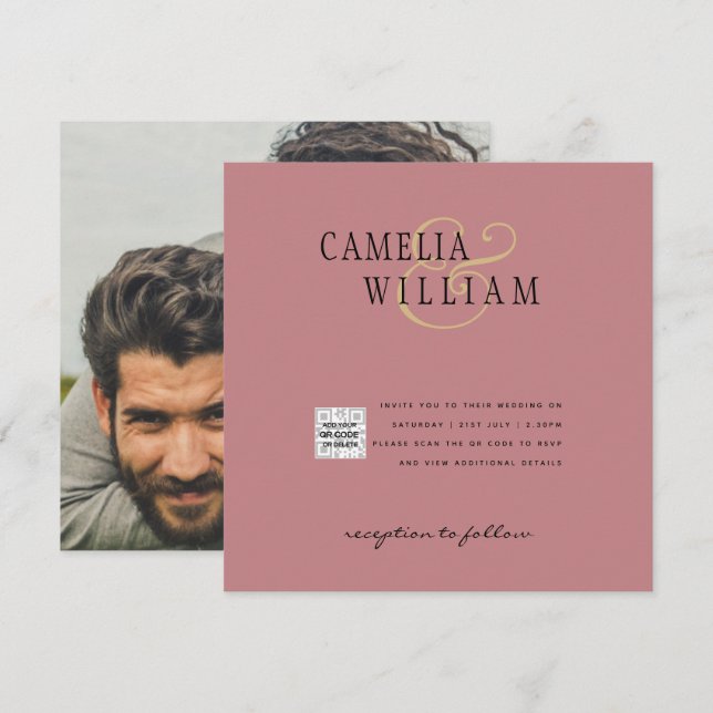 Dusty ROSE Photo Wedding Invite QR Code Save Date (Front/Back)