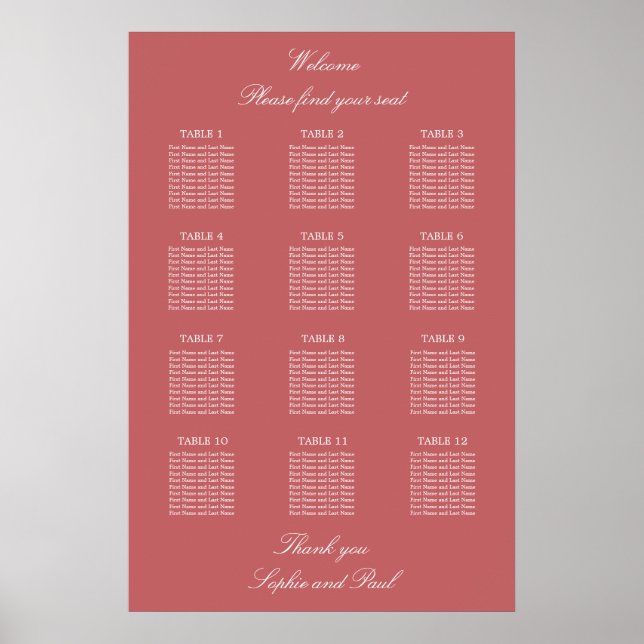 Dusty Rose Pink 12 Table Seating Chart Poster (Front)